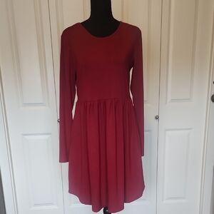 Classic Long-Sleeve Fit & Flare Dress in Wine With Pockets!